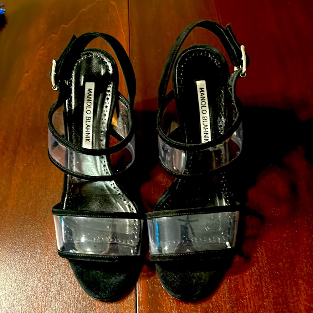 Manolo Blahnik black suede sandals with two transparent straps. 3 1/2” heel.